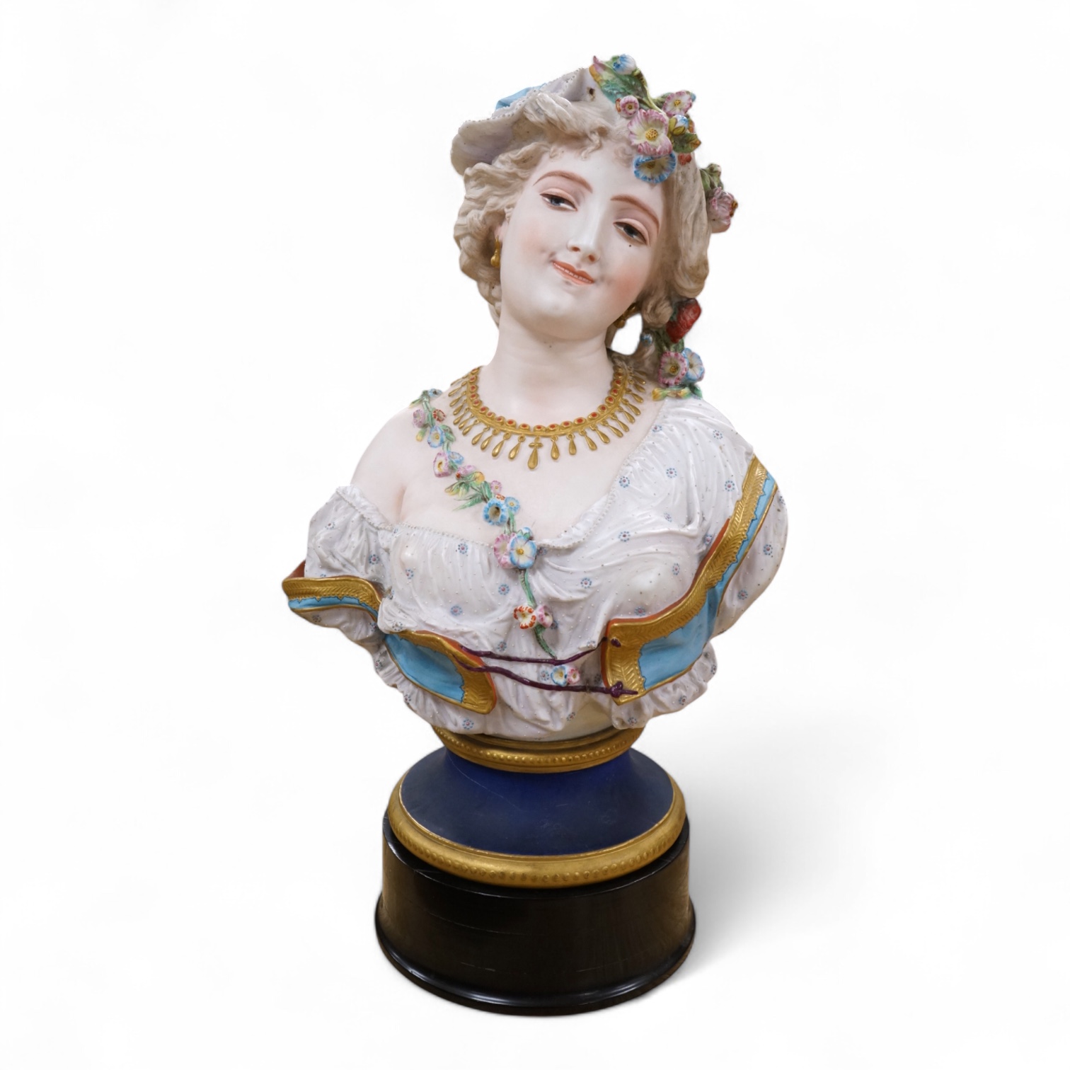 A Paris painted biscuit porcelain bust of a woman, stamped L&M, 50cm